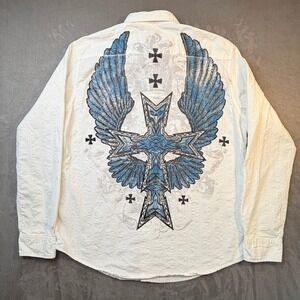 Helix Shirt Mens XL White Long Sleeve Button Down Gothic Cross Angel Wings Y2K